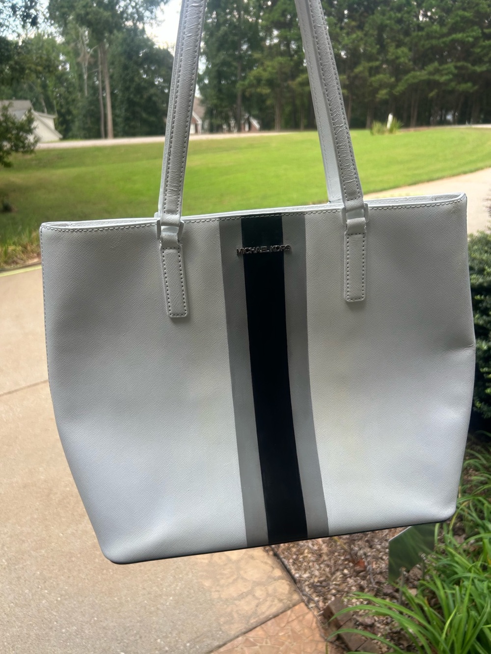 Michael Kors Gray Black Stripe Tote Shoulder Bag Painted Handle Touch Up